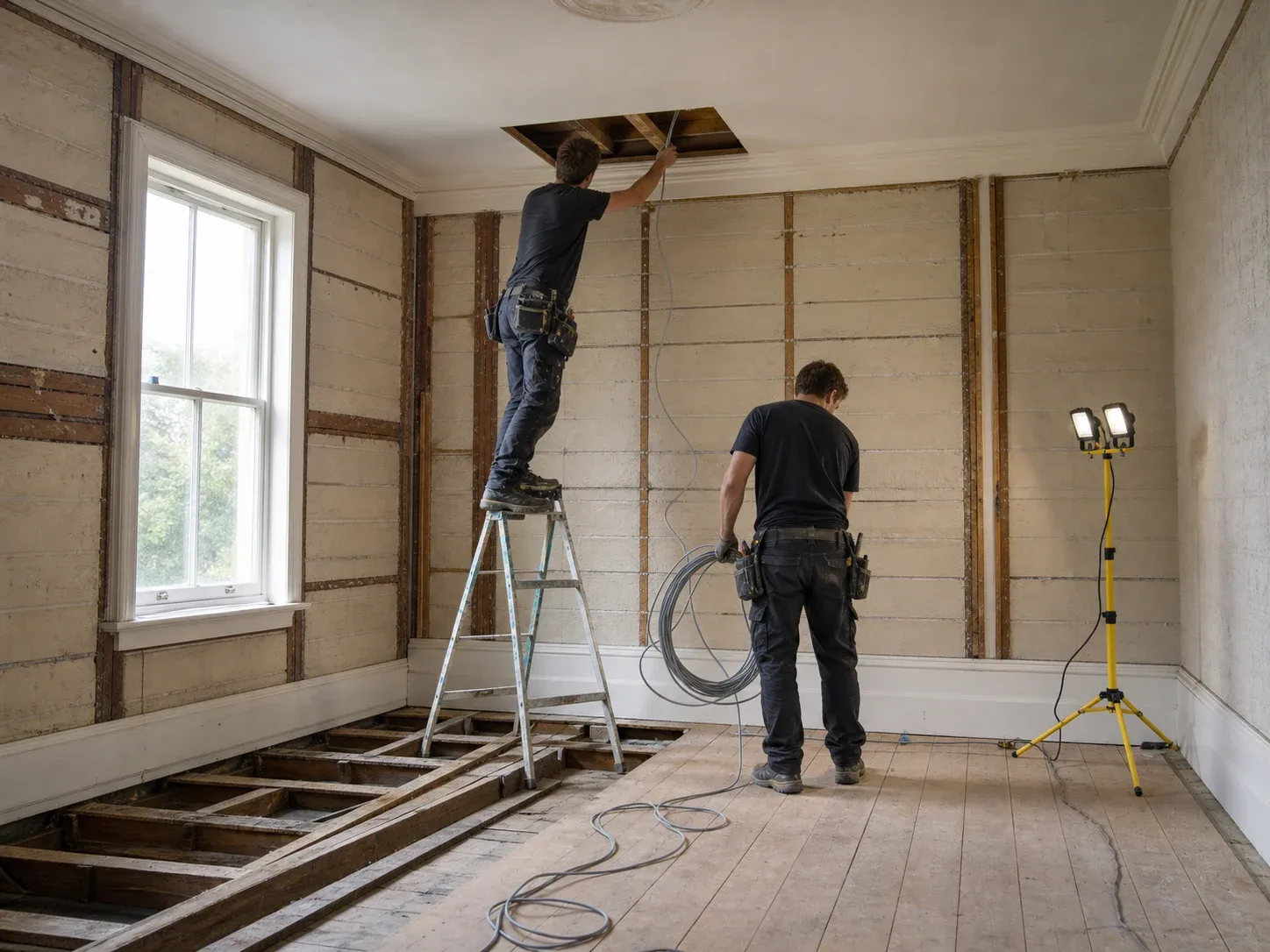Two Southline electricians rewiring an older Christchurch villa, working from a ladder and floor level
