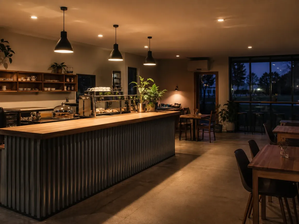 The café counter and seating lit at three different levels at dusk