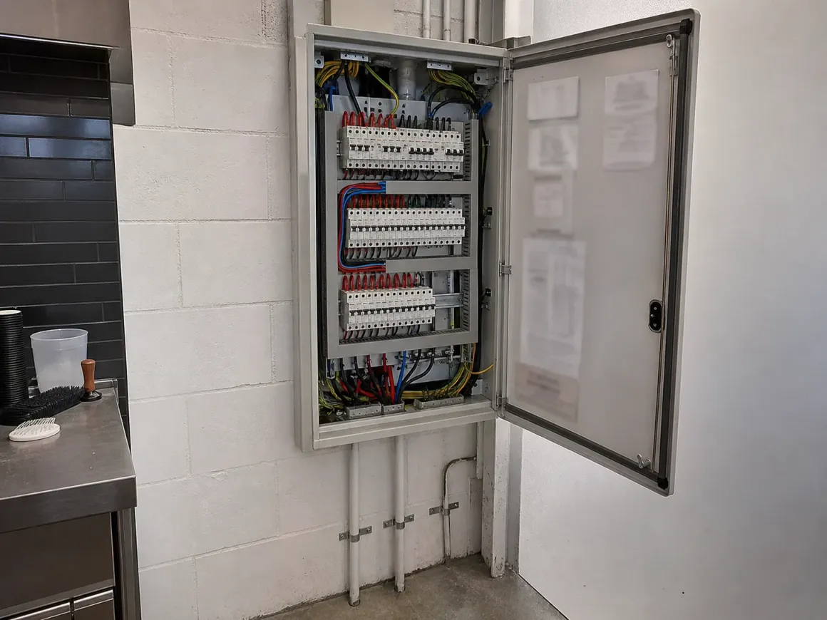 The open three-phase distribution board in the café back-of-house area