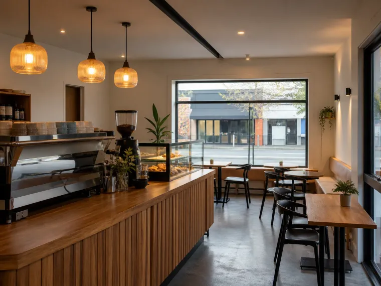The finished counter and seating area of a small café, lit on separate circuits