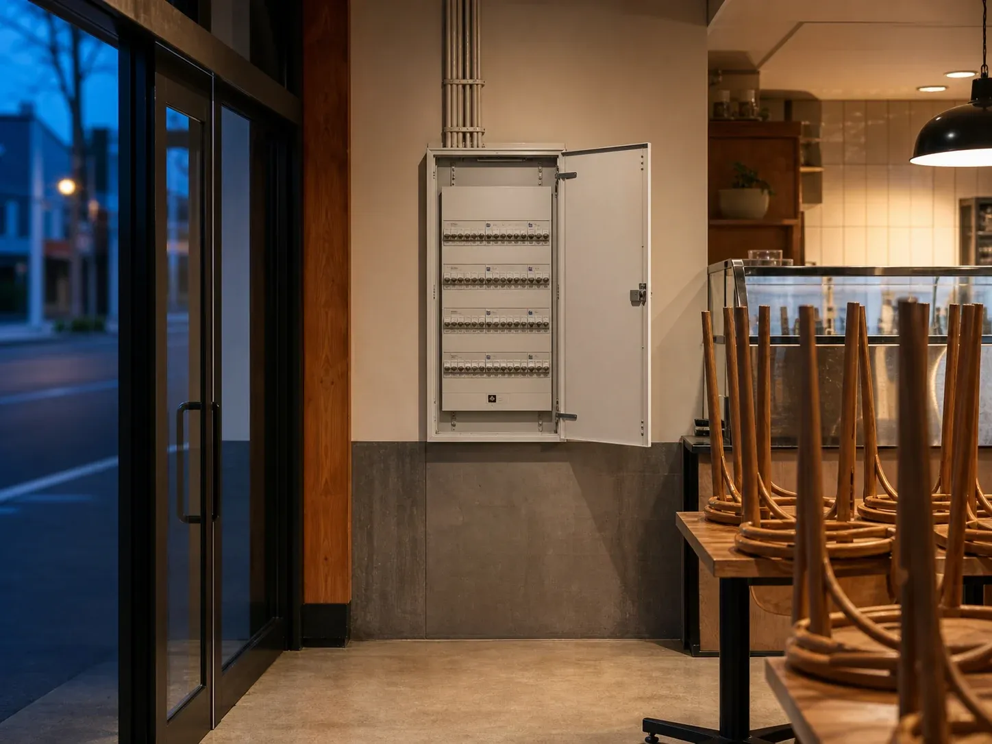 A small commercial premises after hours, lit by work lighting, with the distribution board open