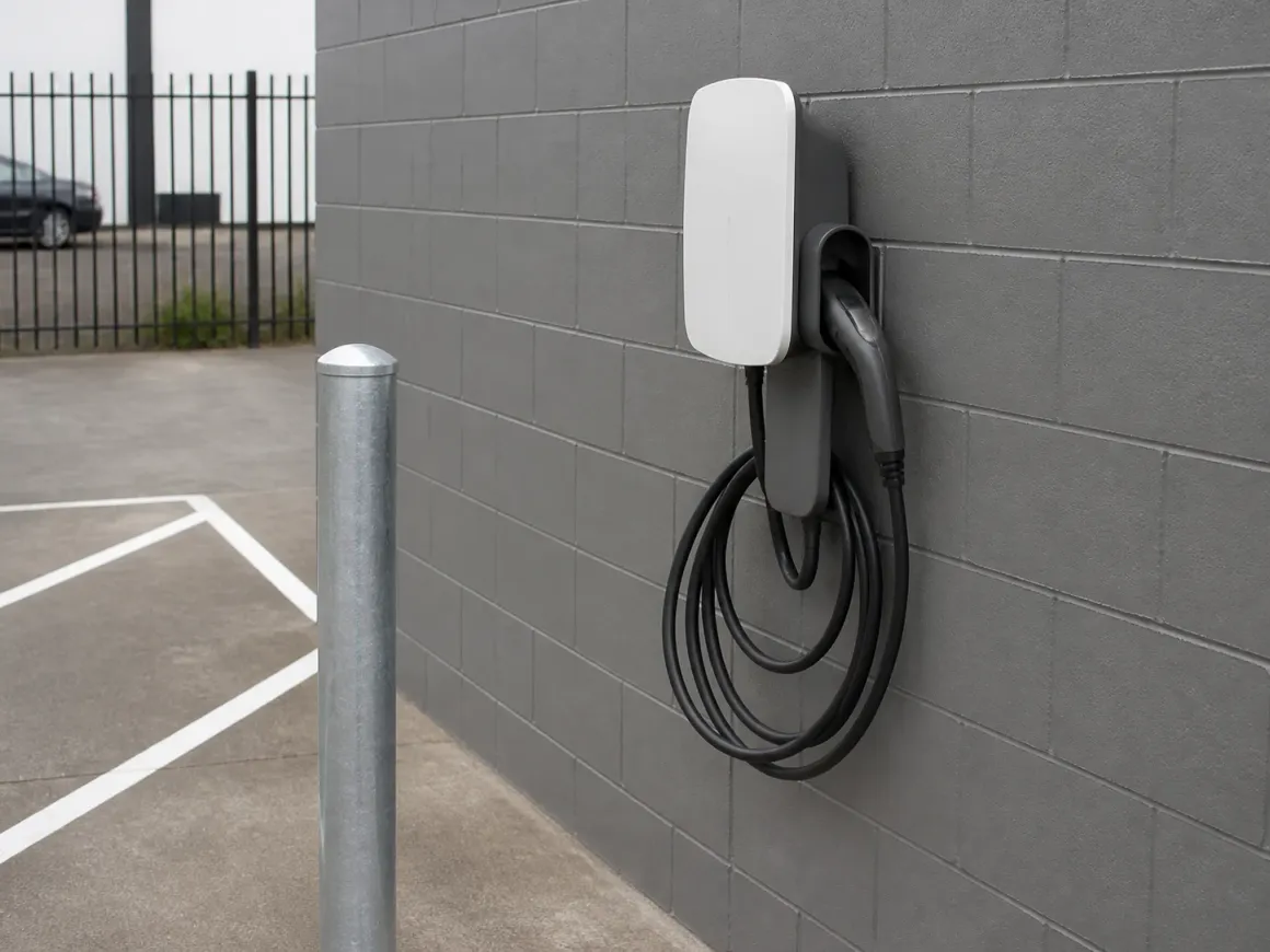 An unbranded commercial EV charger and protective bollard