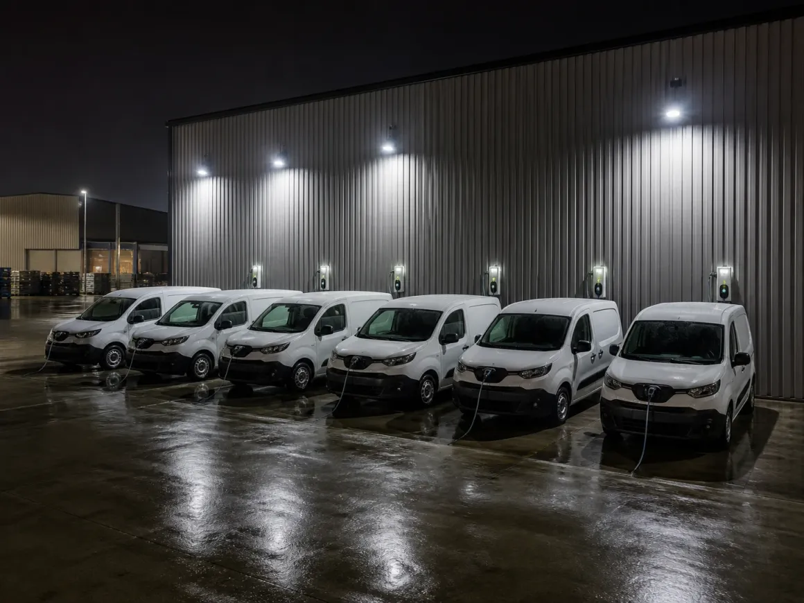 Six electric vans charging overnight under yard floodlights