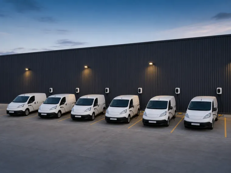 Six workplace EV charging bays along a yard wall, with vans on charge