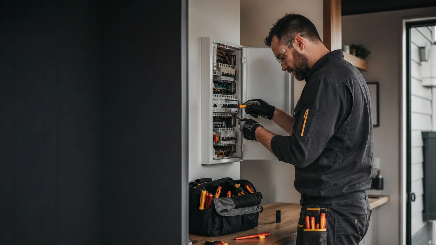 An electrician inspecting a residential switchboard in a Christchurch home