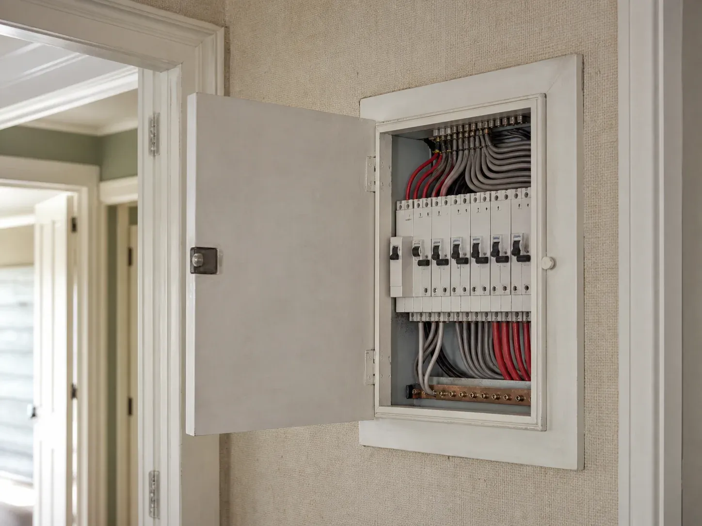 An open switchboard with new circuit breakers in an older Christchurch home