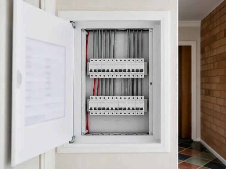 A newly installed residential switchboard with labelled circuits and RCD protection