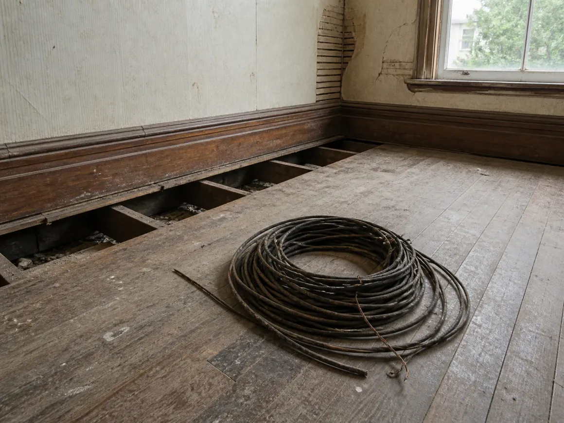 Removed rubber-insulated cable on the floorboards of the St Albans villa