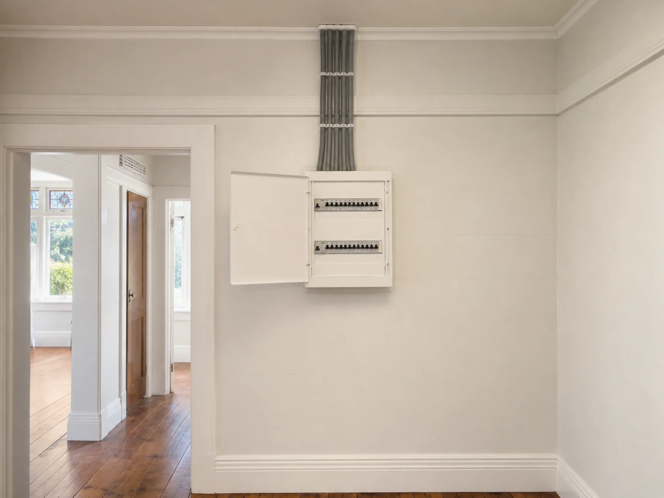 The replacement switchboard and new circuits in the same position after the rewire