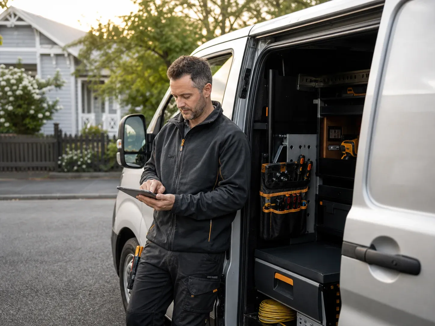 An electrician completing job notes beside an organised work van